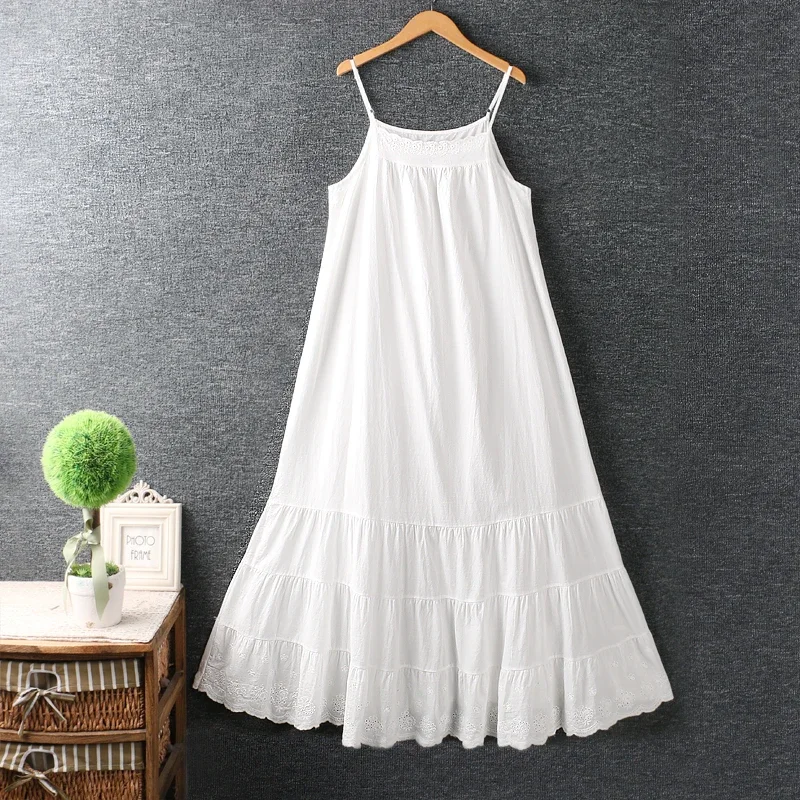 

Summer Japanese Style Mori Girl Sleeveless Sling White Dress Women Cute Spaghetti Strap Casual Loose A-linen Vestidos