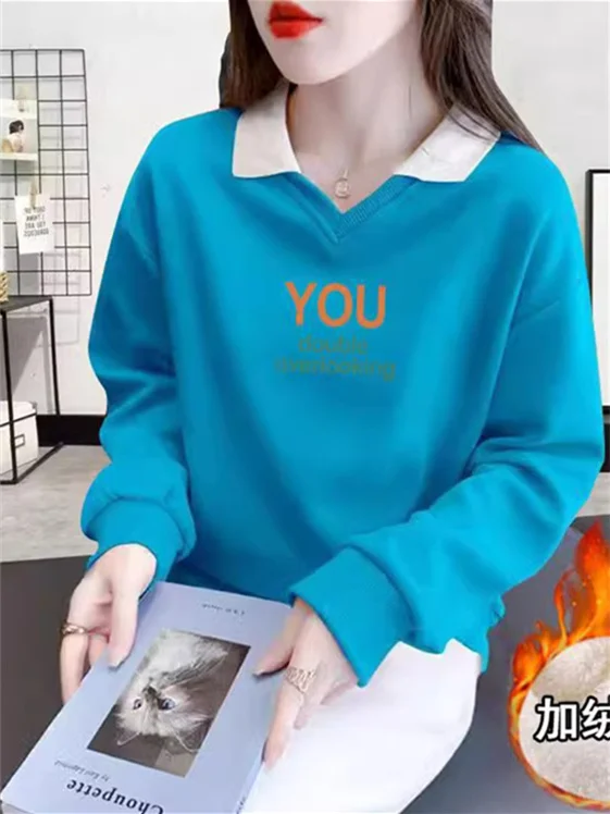 ファッショナブルな韓国スタイルフリース裏地付き裏地なし春秋冬ポロネックスウェットシャツレディースジャケットカジュアルvネックトレンディな耳カバー