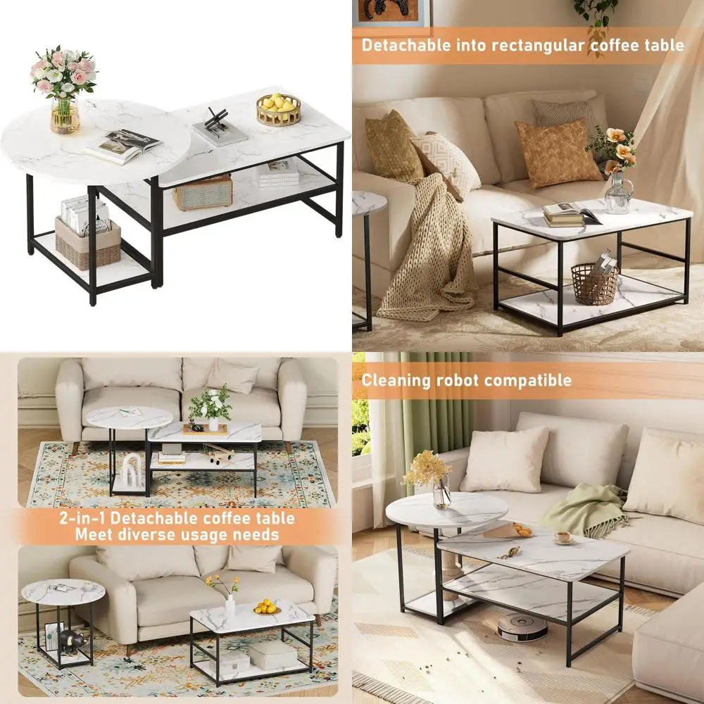 

White Faux Marble Coffee Table with Adjustable Shelf, 2-in-1 Nesting Tables for Living Room