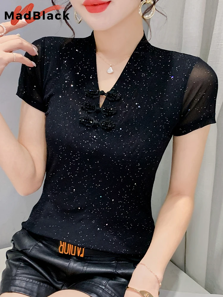

MadBlack Summer Vintage Clothes Casual T-Shirt Sexy V-Neck Mesh Button Shiny Elegant Women Tops Short Sleeve New Tees T24305X