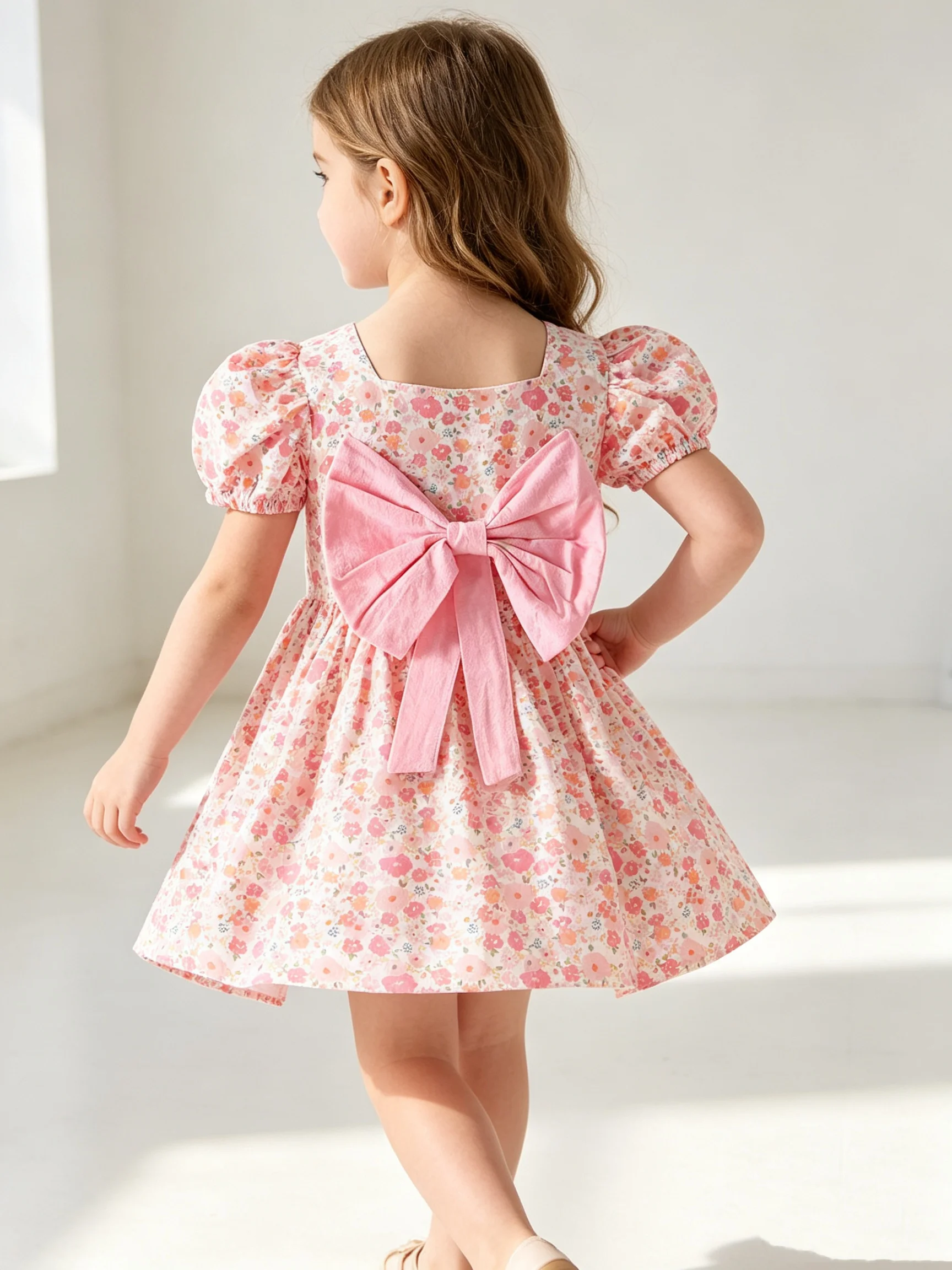 Summer Girls' Square Neck Bubble Sleeves With Floral Prints On The Back, Big Bow Princess Dress Countryside Style Dress