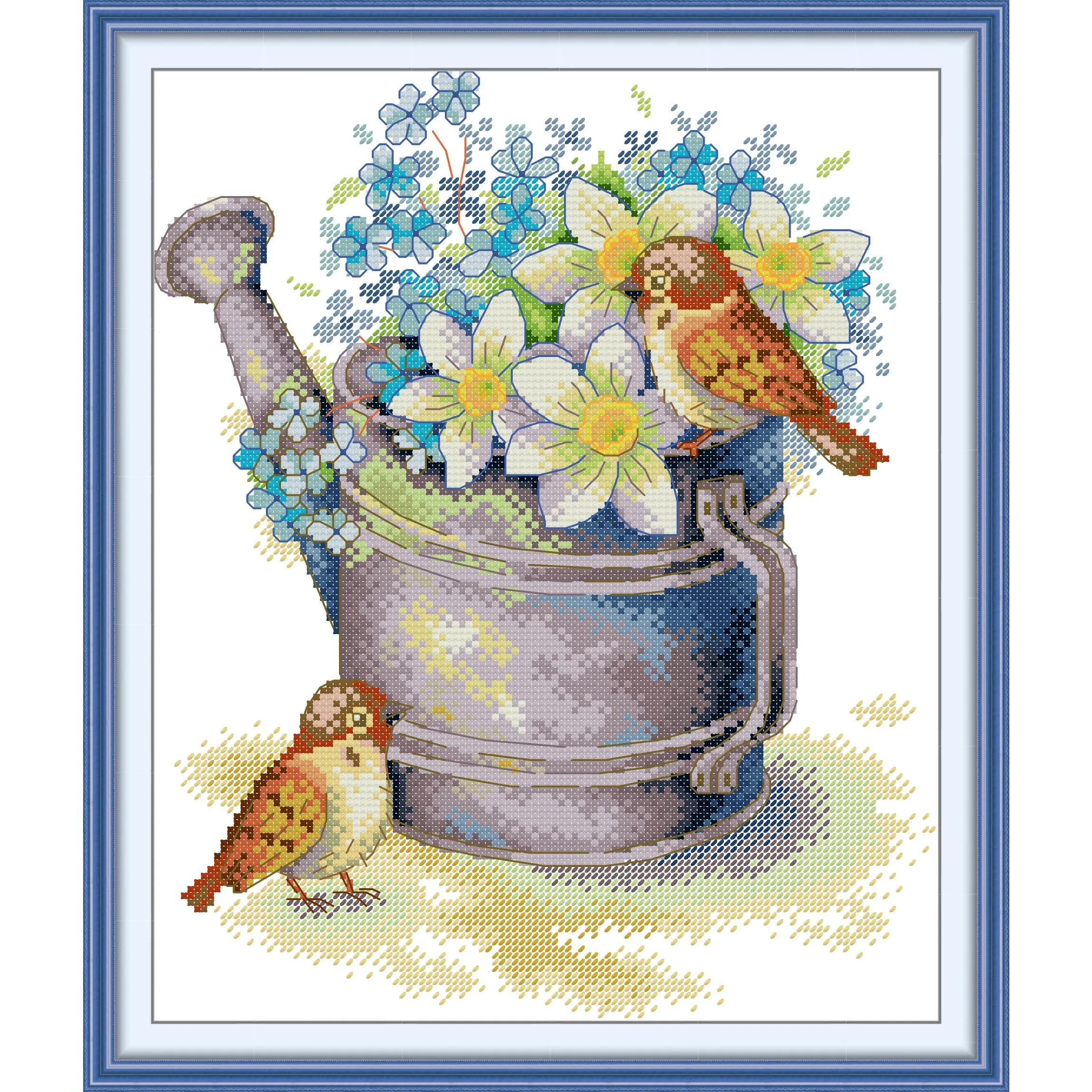 News Pre-Printed Cross Stitch Kit, Stamped Aida Fabric With DMC Threads, Embroidery Kit - Daffodils And Sparrows