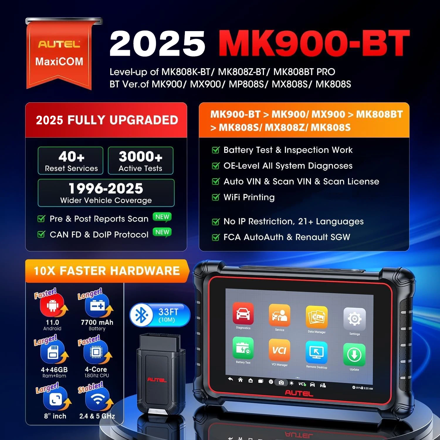 Autel MaxiCOM MK900BT MK900 BT Car Diagnostic Tools OBD2 Scanner 40+Service Active Test CAN-FD&DOIP Upgrade of MK808BT Pro MK900