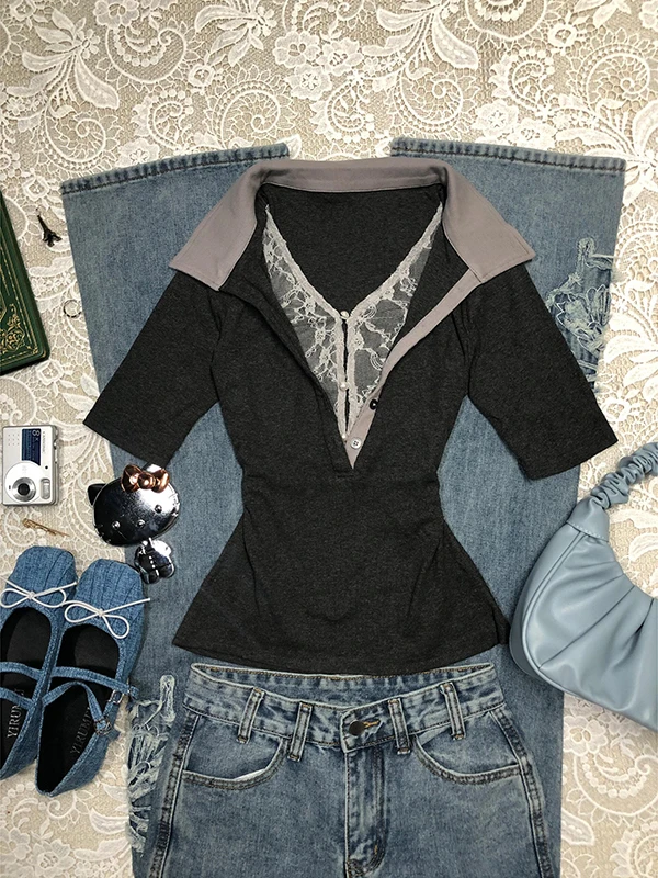 

Футболка ay Lace Splice Five-Quarter Sve, женская летняя винтажная уникальная футболка в Корейском стиле, облегающая хлопковая смесь Cool Sensation