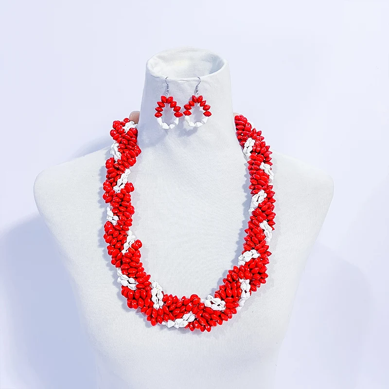 2023 Summer Hot Sale Handmade Braided Woman Necklace Red Lucky Seeds With Natural Long Cowry Shell Tropical Samoa Style Lopa Set