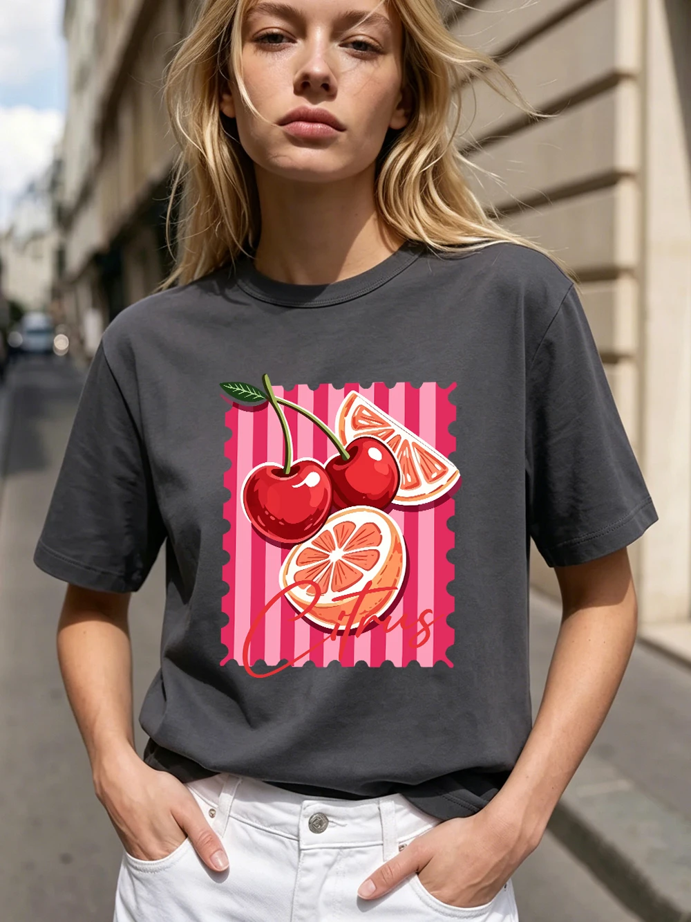 Rote Kirsch-Zitrus-Bedruckte T-Shirts aus Baumwolle für Damen, Sommerliche Oversize-Oberteile, Basic O-Neck Kurzarm-T-Shirts, Lässige Weiche Kleidung – Detail 31