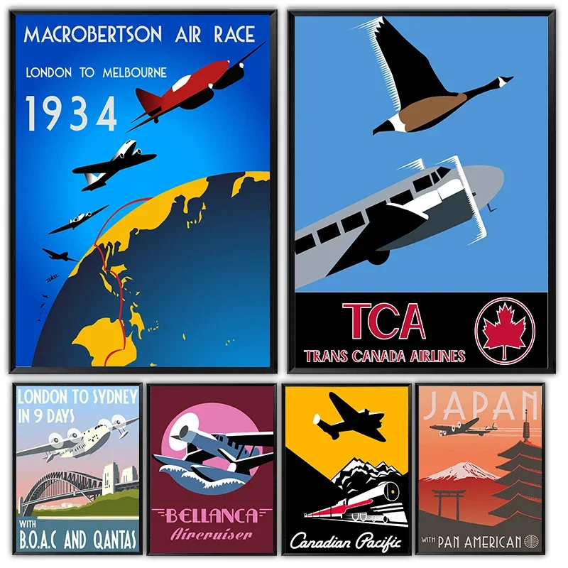 Vintage Airline Travel Poster Aircraft Canvas Poster Airplane Wall Art Pictures Home Boy's Room Decor No Frame