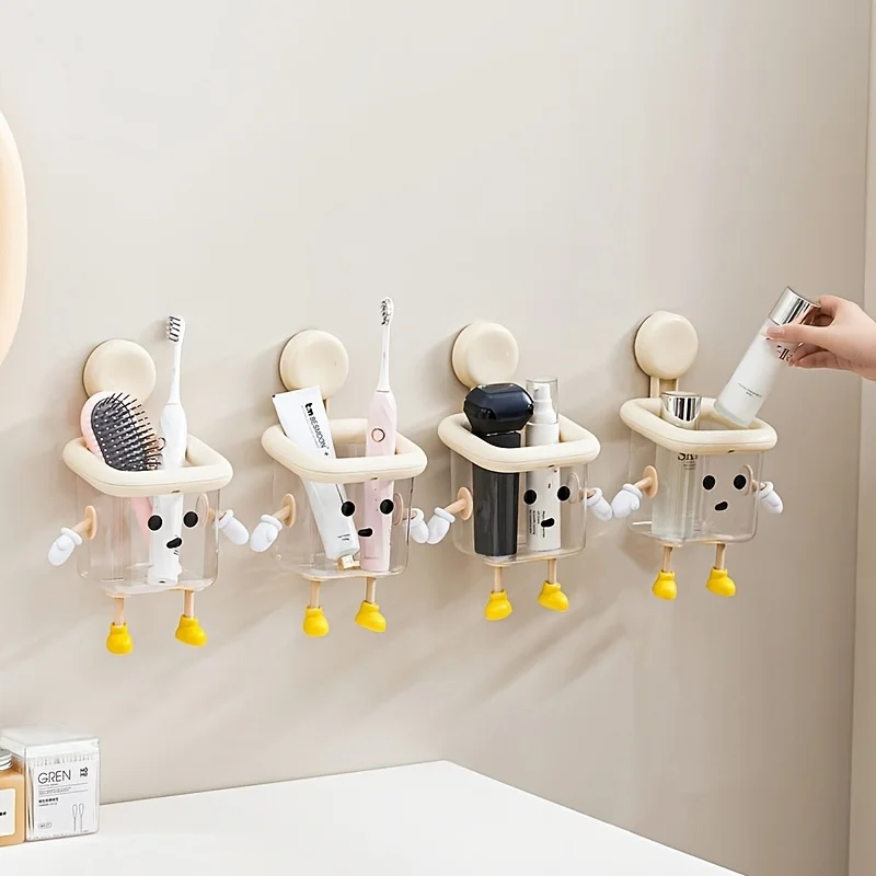 Cute Toothbrush Holder, Home Wall Mounted Non Drilling Suction Cup, High-End Multifunctional Bathroom Transparent Box, Kitchen