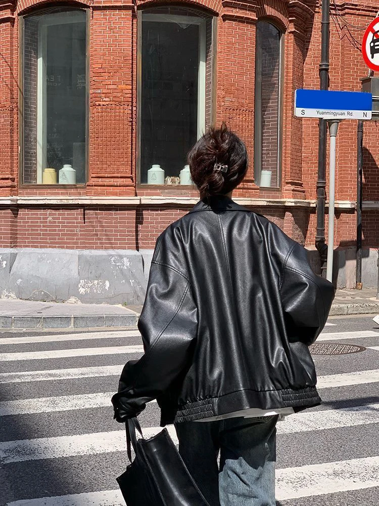 빈티지 PU 가죽 자켓 2025 새로운 여성 하이 스트리트 모토 바이커 코트 루즈 캐주얼 겉옷 커플 코트 여성 의류