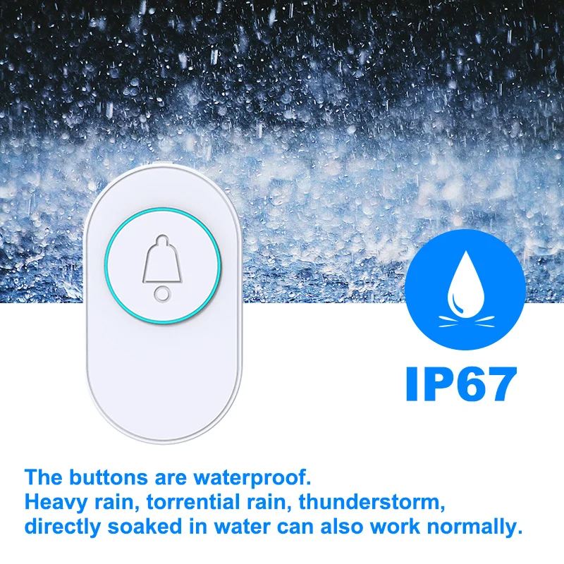 Wireless Doorbell IP67 Waterproof OutDoor Button Smart Home Door Bell LED Flash Security Alarm For House