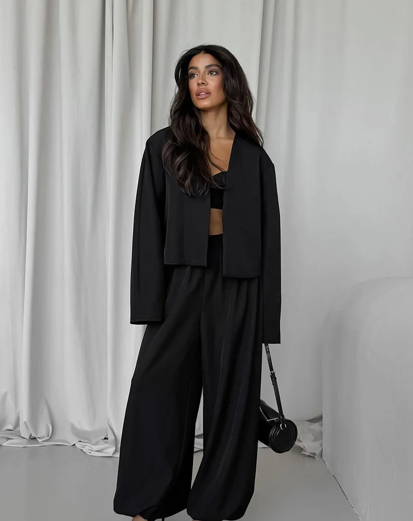 

Loose Women's Trousers Suit Solid Color Casual Fashion Autumn Winter V-neck Long-sleeved Cardigan Wide-leg Trousers 2-piece Set