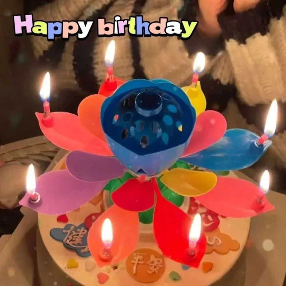 Lotus Birthday Candle Cake Decorations Creative Blossom Singing Music Surprise Rotating Candle Small Ornaments