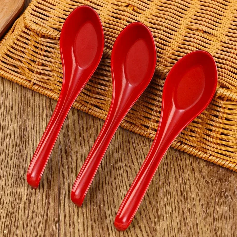 20/1PCS Red Black Soup Spoons Melamine Anti-Shock Plastic Spoon with Hook Dumplings Porridge Dinner Cutlery Restaurant Utensils