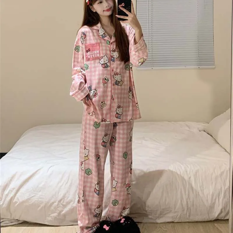 Pyjama imprimé dessin animé Sanrios Hello Kittys pour femme, vêtements de détente, Cardigan à manches longues, vêtements de maison, ensemble deux pièces, automne et printemps