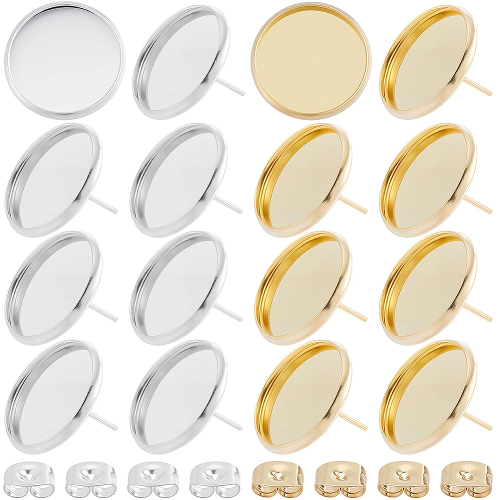 1 Box 60Pcs Cabochon Earring Settings 18K Gold Sterling Silver Plated Stainless Steel Flat Round Stud Earring Blanks Bezel Base