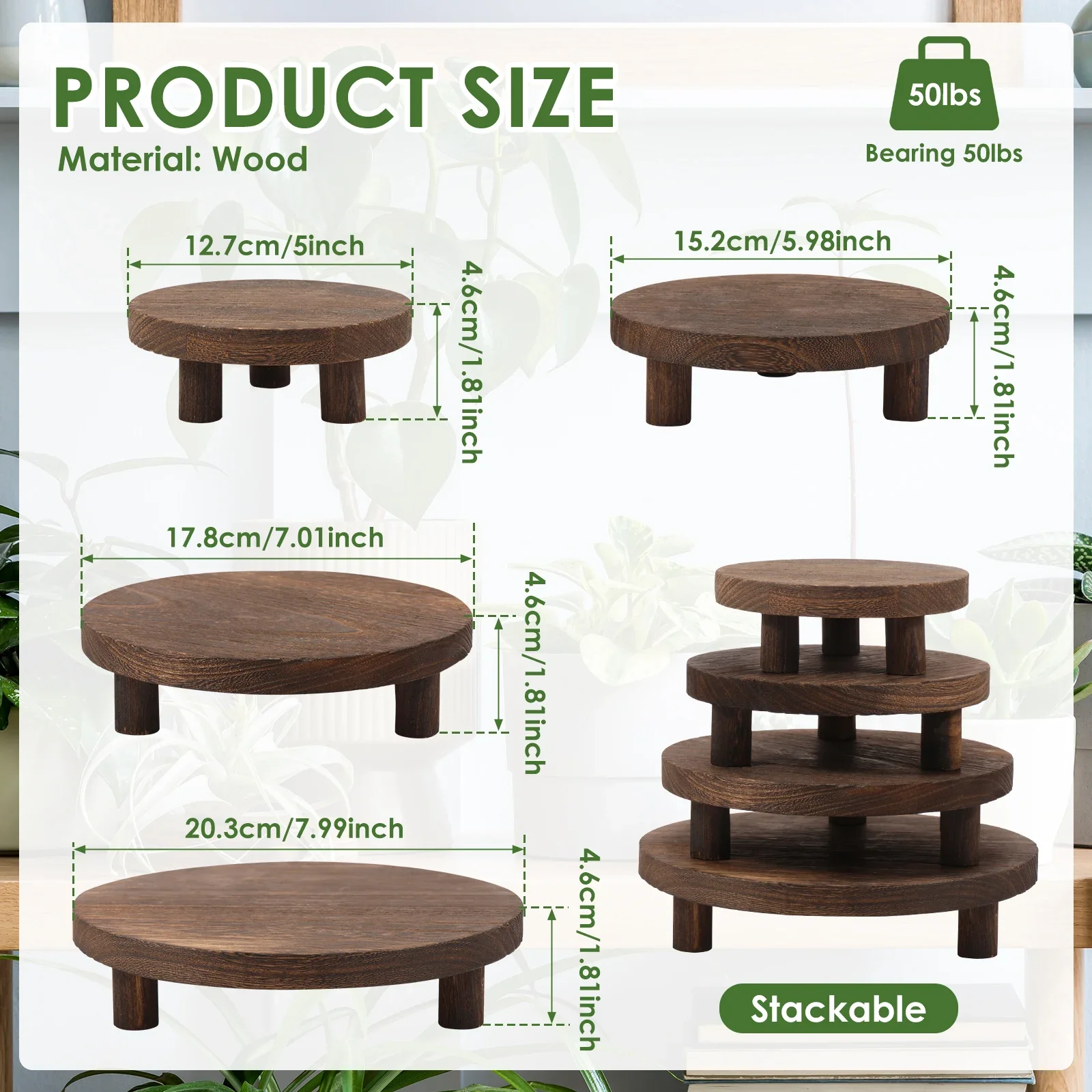 4Pcs Wooden Round Planting Pedestal Stand Strong Load Bearing Stackable Flower Pot Stand With 3 Feet for Home Kitchen Balcony