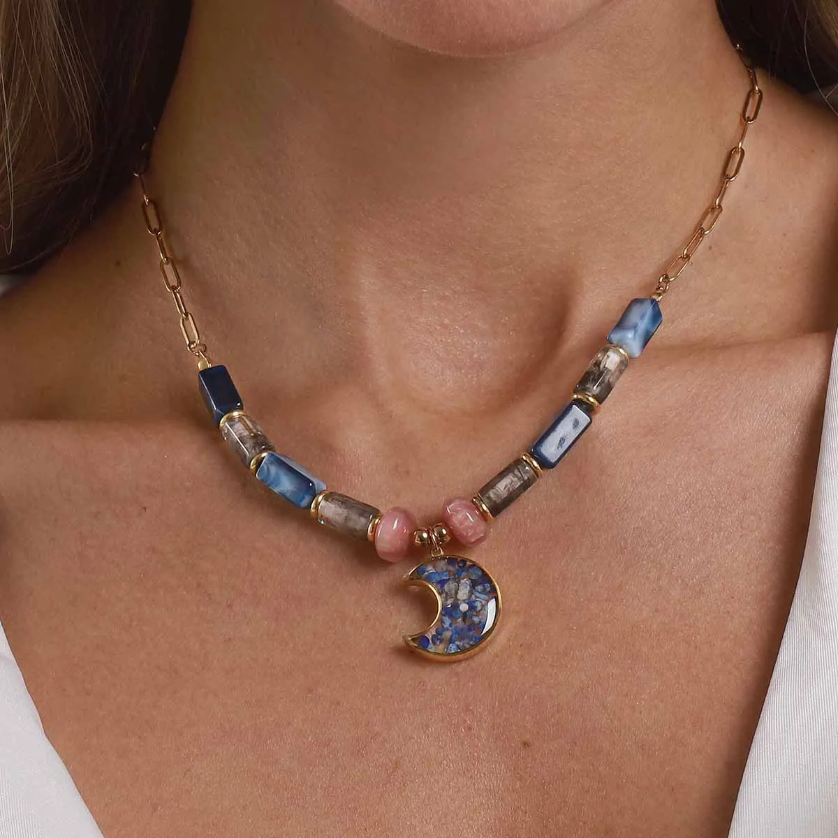 Crushed Stone Inlaid Crescent Moon Pendant Morandi Blue Mixed Bead Clasp Neckpiece Whimsical Galactic Aesthetic Jewelry