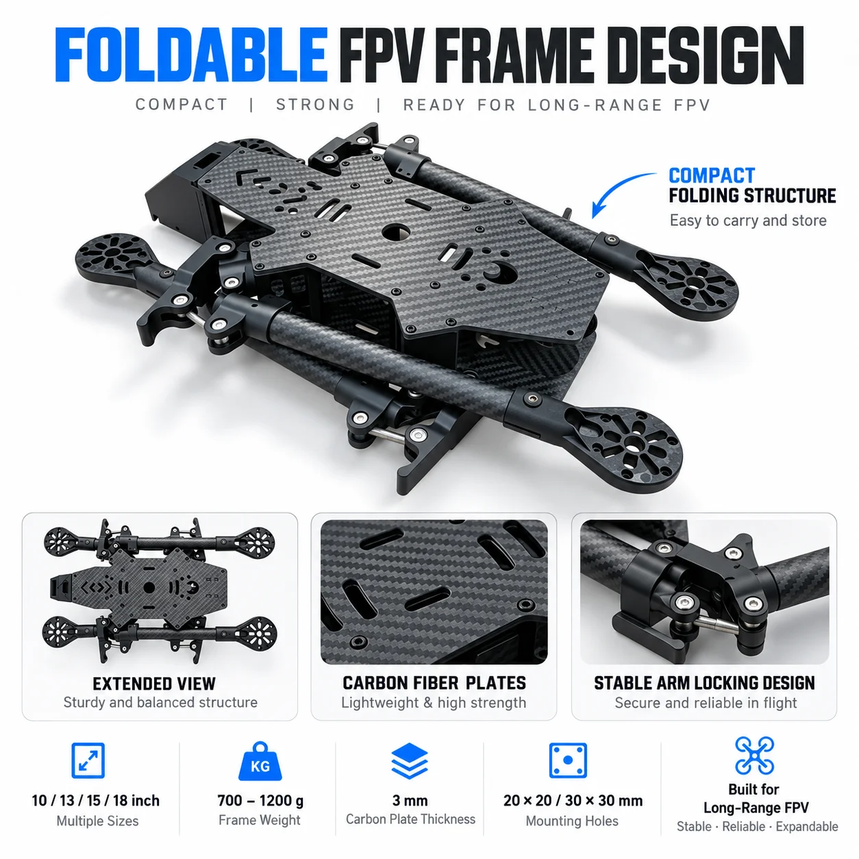 10 13 15 18 Inch Foldable FPV Quadcopter Frame Kit Long Range Drone Frame for DIY Assembly and Custom Builds