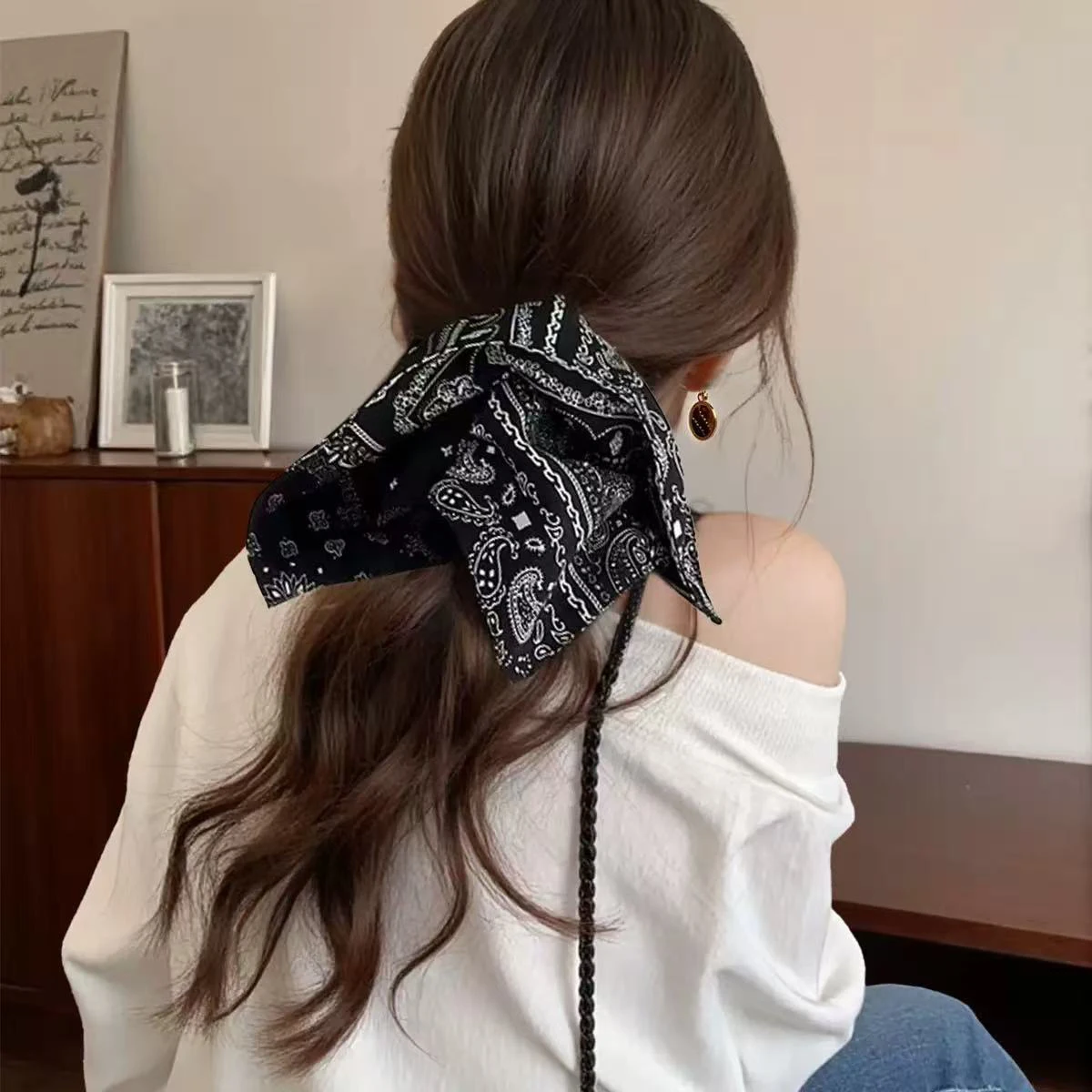 1 قطعة زهرة الكاجو الرجعية الأمعاء الغليظة scrunchie ، الكورية المطبوعة كبيرة القوس دبوس الشعر ، الراقية الجزء الخلفي من الرأس أوبدو القرش كليب #6