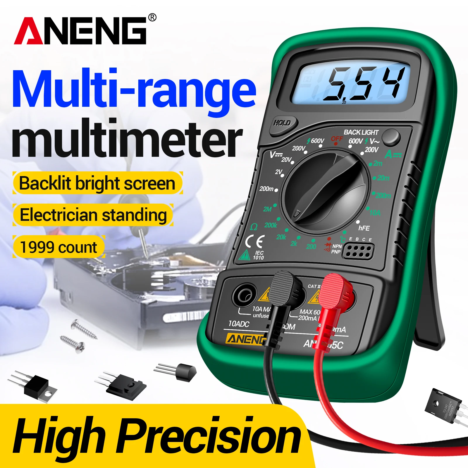 

Мультиметр ANENG AN8205C: измерение переменного/постоянного напряжения, тока, сопротивления, температуры, с ЖК-дисплеем и подсветкой, функцией сохранения данных, для электриков