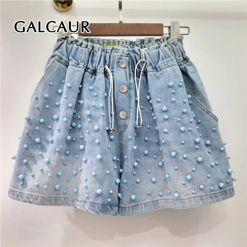 

GALCAUR Solid Spliced Bead Casual Shorts for Women Elastic Waist Patchwork Button Fashion Wid Leg Jeans Female Clothing Style