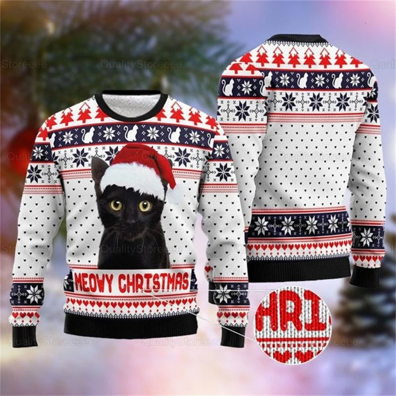 

Cute Cat Graphic Ugly Christmas Sweater For Men Fashion Autumn Long Sleeve 3D Printed Xmas Sweatshirt Loose Breathable Pullovers