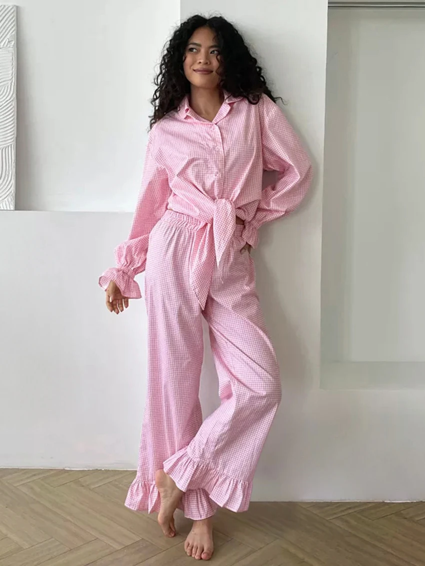 Marthaqiqi Plaid Pink Women Nightgowns Suit Turn-Down Collar Pajama Long Sleeve Nightwear Pants Causal Autumn Ladies Pajamas Set