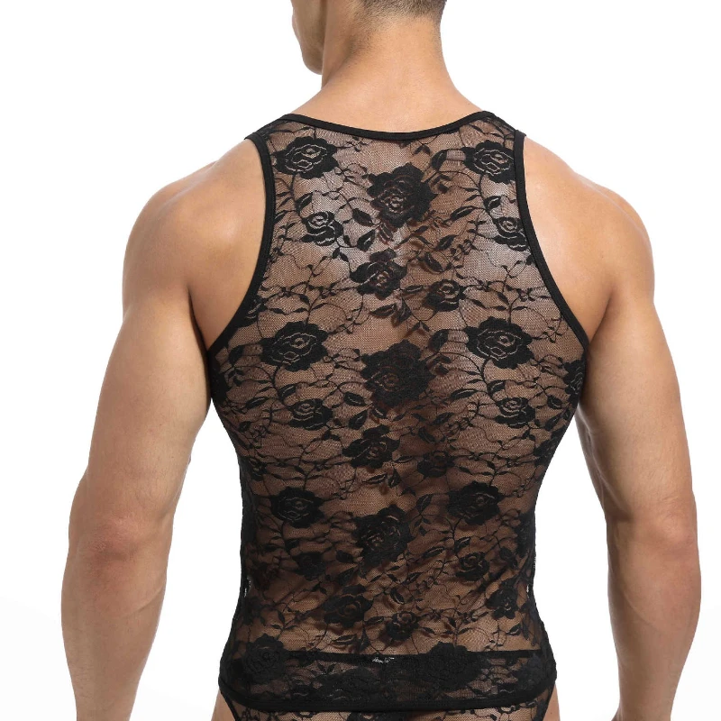 Mannen sexy gymspieren strakke hoge elastische mouwloze tops ronde hals sexy ademend vest doorzichtige tanktop erotisch kanten t-shirt