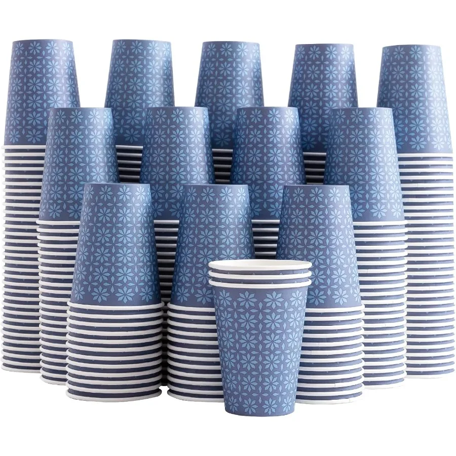 

240 упаковок одноразовых бумажных кофейных чашек на 10 унций для горячих и холодных напитков Темно-синий цветочный дизайн Идеально подходит для вечеринок, пикников, путешествий, даже