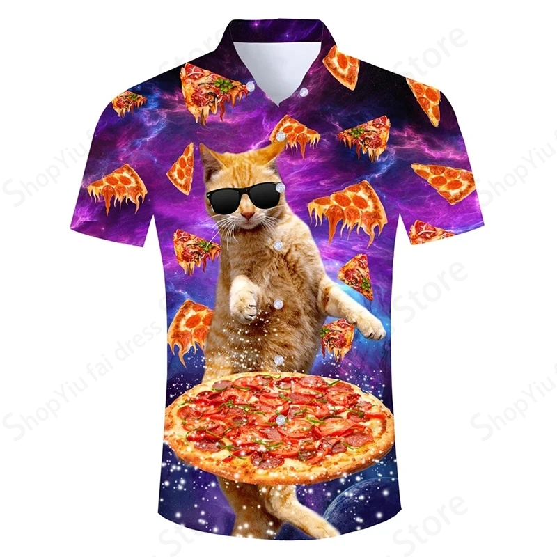 Animal Pizza Cat Print Hawaii Shirt Men Women Fashion Button Up Funny Lapel Shirts Vintage Beach Cuba blouse Turn Down Collar