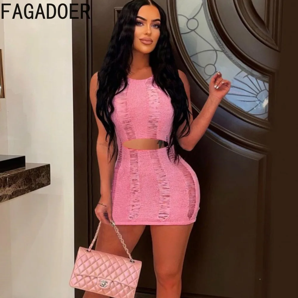 

FAGADOER Sexy Solid Color Hollow Out Knitting Bodycon Mini Dresses Women Round Neck Sleeveless Slim Vestidos Fashion Streetwear