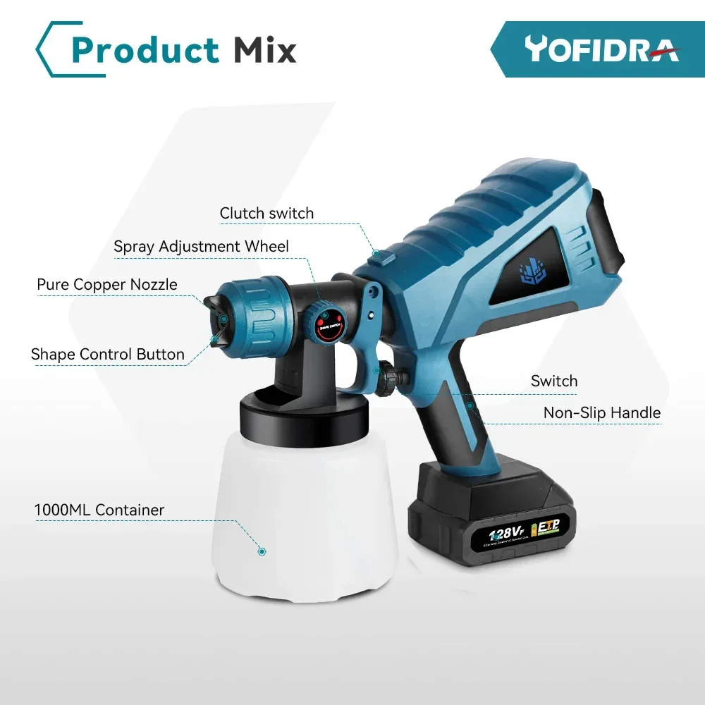 Yofidra 1000ML Electric Spray Gun Cordless Handheld High Power Electric Paint Sprayer For Makita 18V Battery Power Tool