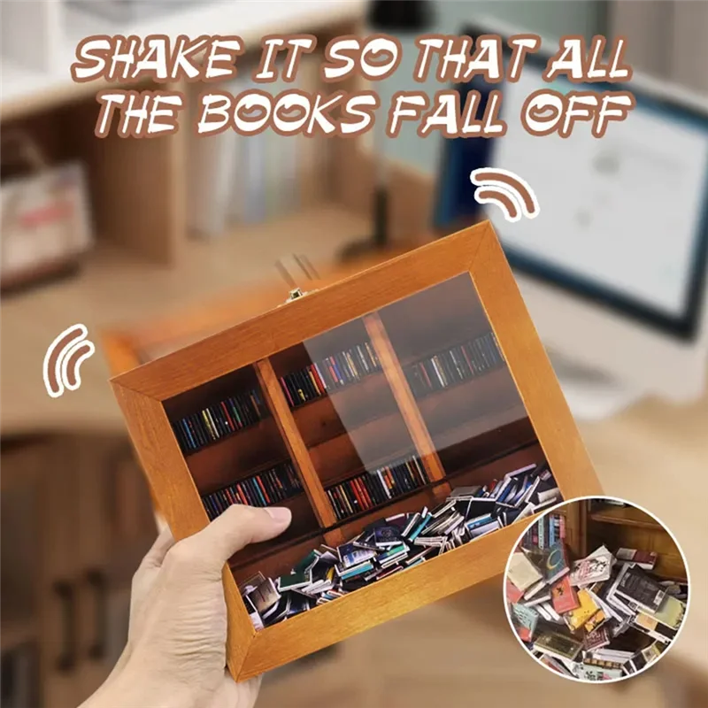 B78B-Small Anxiety Bookshelf With 400 Books Miniature Library Wooden Bookshelf Fidget Shake Away Your Anxiety Creative