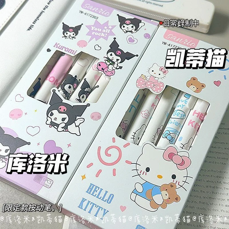 Sanrio Olá Kitty Kuromi Caneta Gel, Kawali Ball Pen, Secagem Rápida, Papelaria Estudante, Brinquedos Bonitos, Presente de Aniversário para Meninas, 0.5mm, 6Pcs