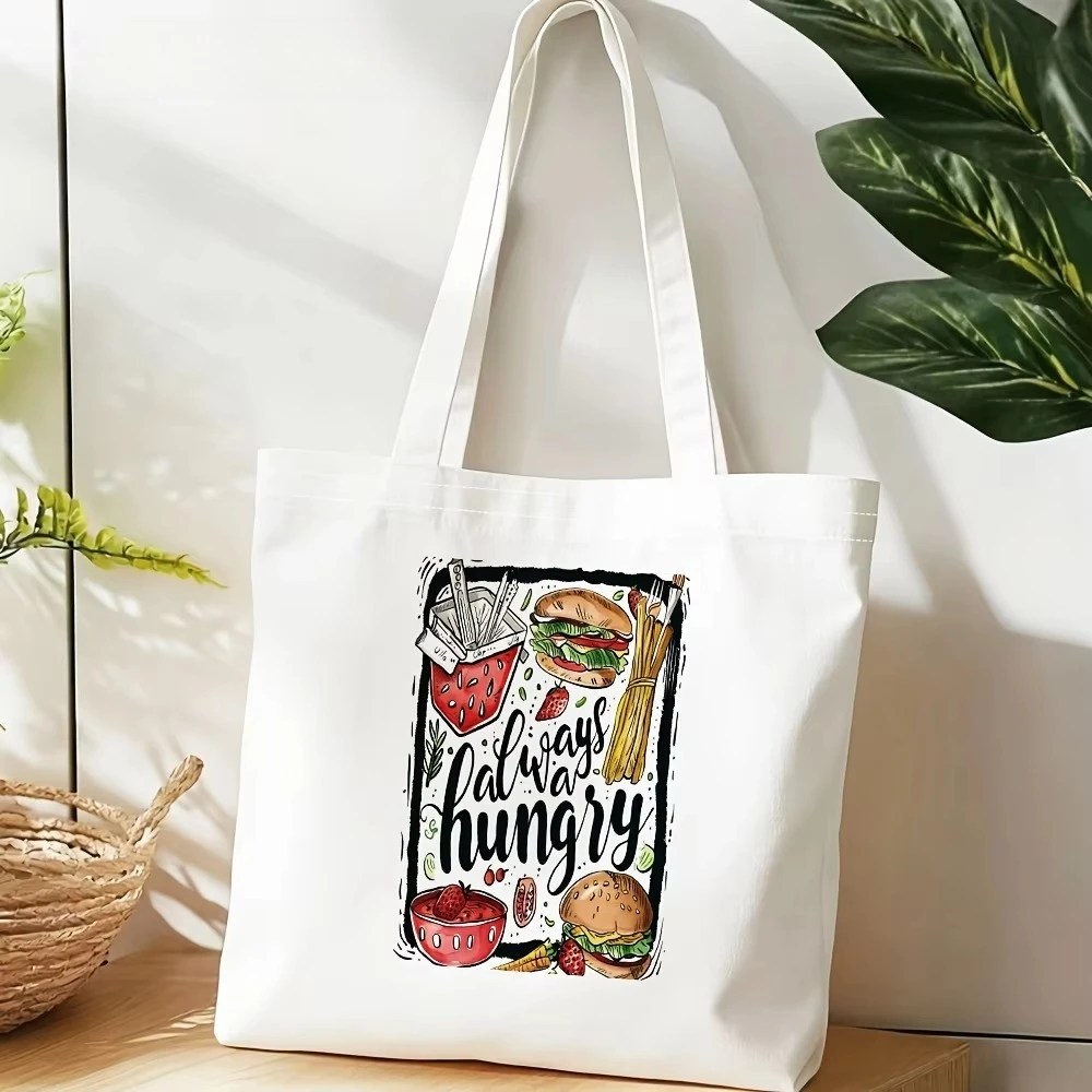 Food Themed Canvas Shopping Bag Burger & Fries Print Portable Tote Bag For Outings