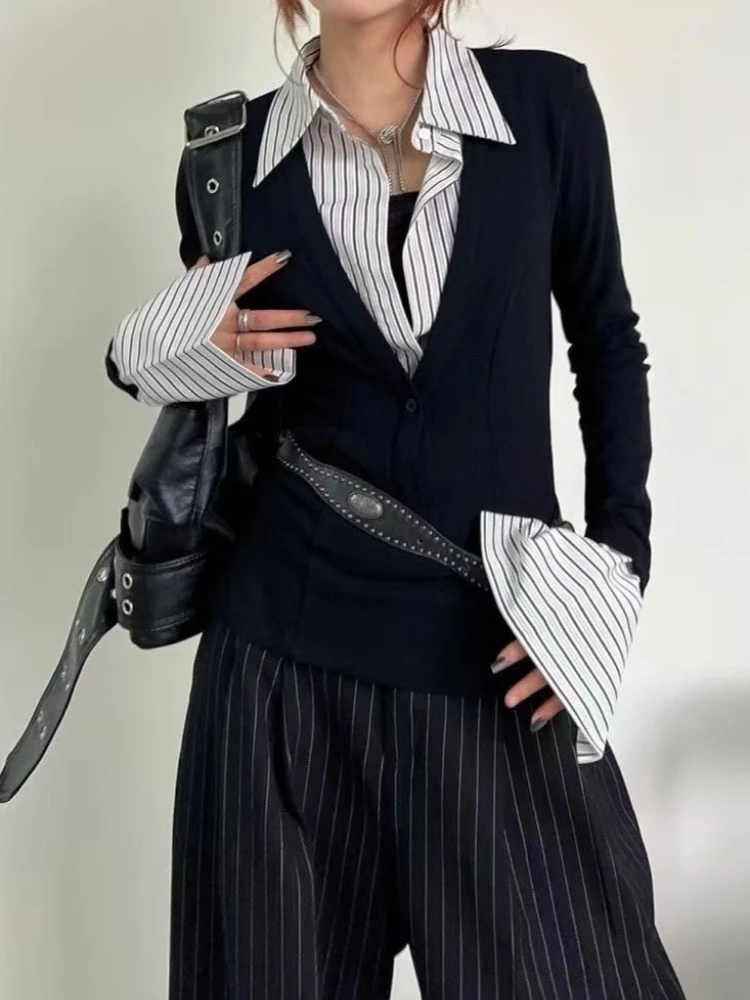 الجمالية الخريف الساخن فتاة المرقعة تي شيرت المرأة موضة خمر مخطط رقيقة بولو طوق القمصان الإناث شارع العليا Y2k تيز