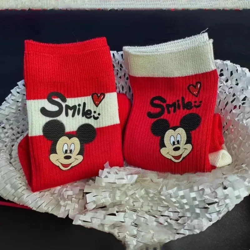 Children's Mickey Mouse Red Socks Autumn/Winter Birth Year Male and Female Cartoon Color Blocked Stripe Mid Tube Cotton Socks