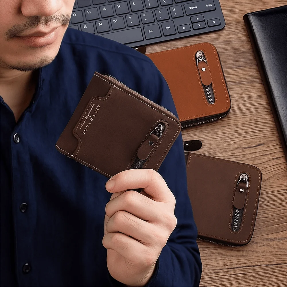 

Portable Multi-position Men's Short Wallet Large Capacity Zipper PU Leather Coin Purse Multi-function Thin Card Holder Daily