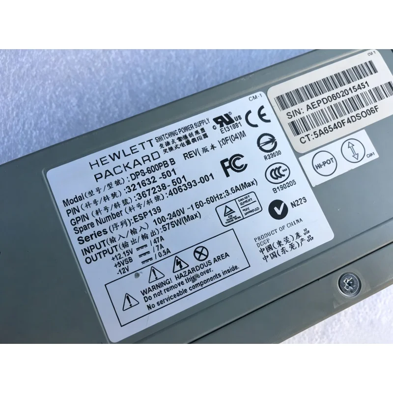 USED FOR HP DPS-600PB B 406393-001 321632-501 575W Server Hot Swap Power Supply
