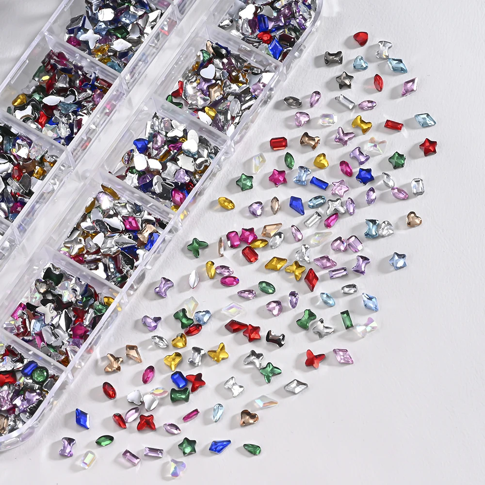 1box Mini Mix Shapes Diamond Nail Charms Heart Star Butterfly Colorful Nail Gems Rhinestones Shining Drop Manicure Decorations P