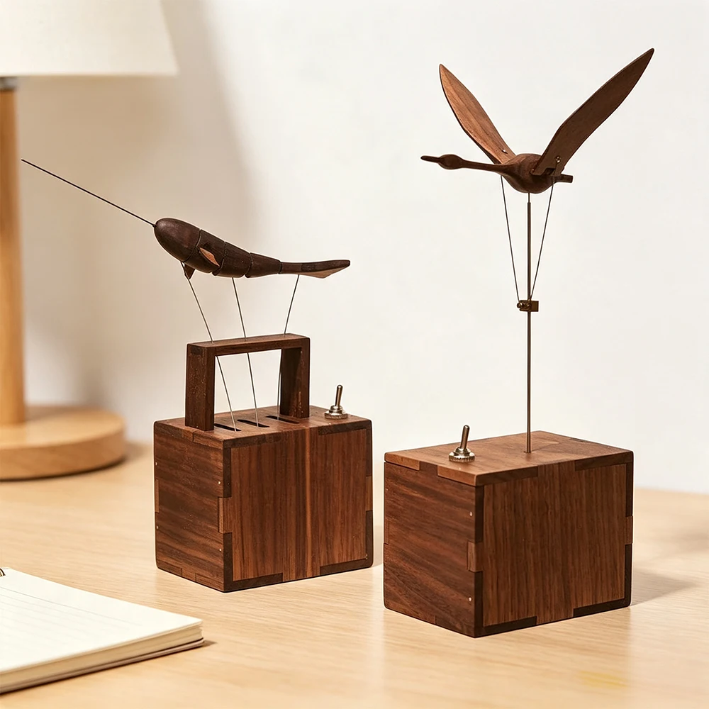 Handcrafted Wood Automaton Mechanical Model, Bionic Flying Swan Narwhal Kinetic Sculpture, Creative Desktop Decoration Art Craft