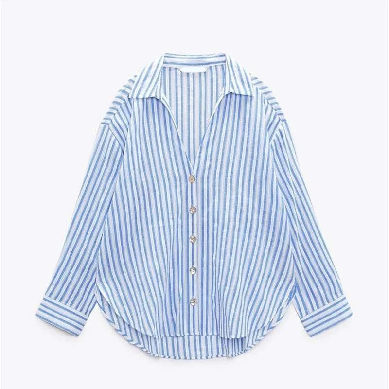 

Loose Fit Pure Cotton Blue Striped irt Vertical Lace Detailing Women's Summer Faion Casual Collar Long Sve irt