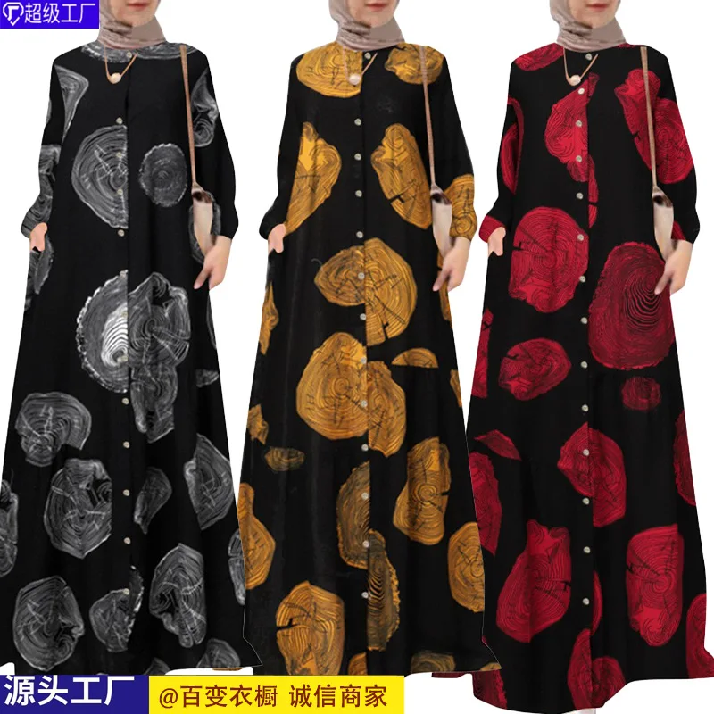 

Muslim Fashion Abaya New Cotton Printed Long Shirt Muslim Oversized Women Loose Casual Retro Long Sleeved Dresses