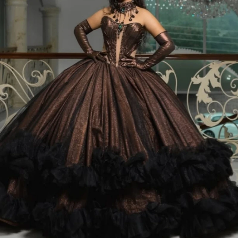 

Темно-коричневые блестящие платья Quinceanera с открытыми плечами и бисером, многоуровневое тюлевое платье для вечеринки, дня рождения, сладкое платье 16, Vestidos De 15 Anos