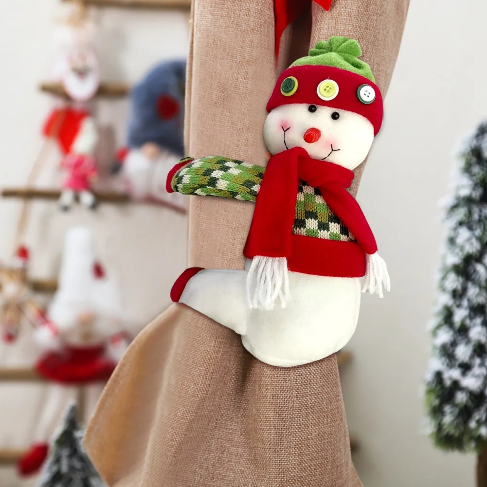 Christmas Tree Topper Plush Snowman and Santa Curtain Tiebacks Xmas Holiday Winter Party Decoration Ornament Supplies for Home