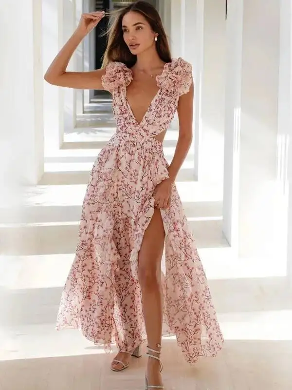 Abito lungo con stampa sexy per le vacanze estive Abito lungo con scollo a V profondo senza schienale Abito floreale con volant slim fit Abiti da donna alla moda dolce