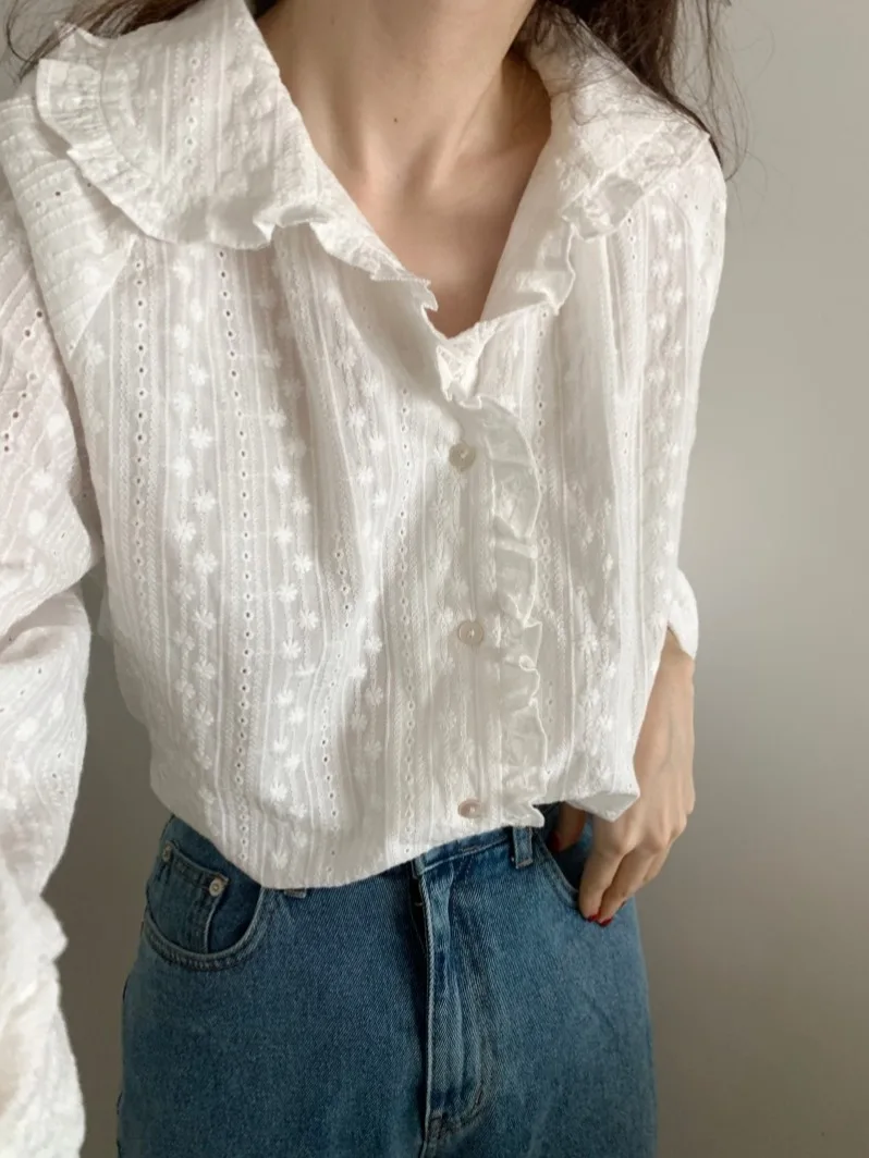 South korea Ins Spring Sweet Wooden Ear Doll Collar Hollow Embroidery Long sleeve Lace blouse Women Western Sle Top Tide