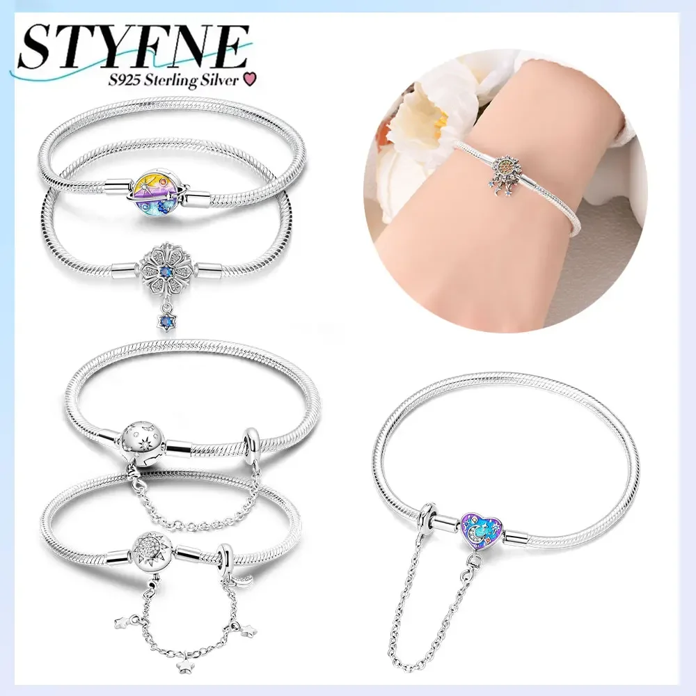 

Colorful Dreamy Star Moon Bead Bracelet Fixed Chain Unicorn Women 925 Silver Original Bracelet Jewelry Anniversary Fine Gift