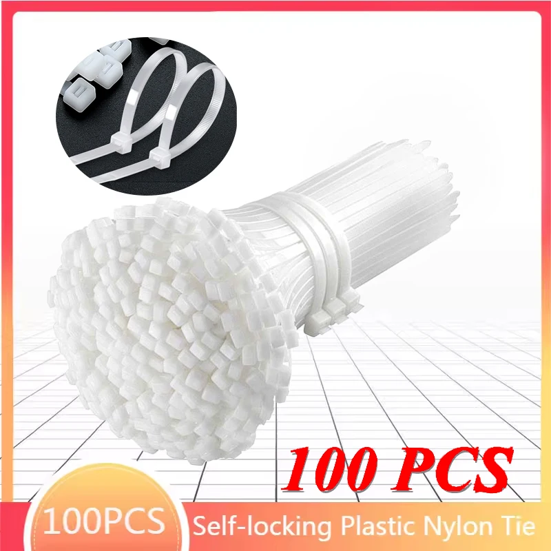 100Pcs White Self locking Nylon Industrial Cable Tie 1.9mmx100/120/150/200 2.7mmx300 Fasten Cable Organiser Wire Cable ZipTie