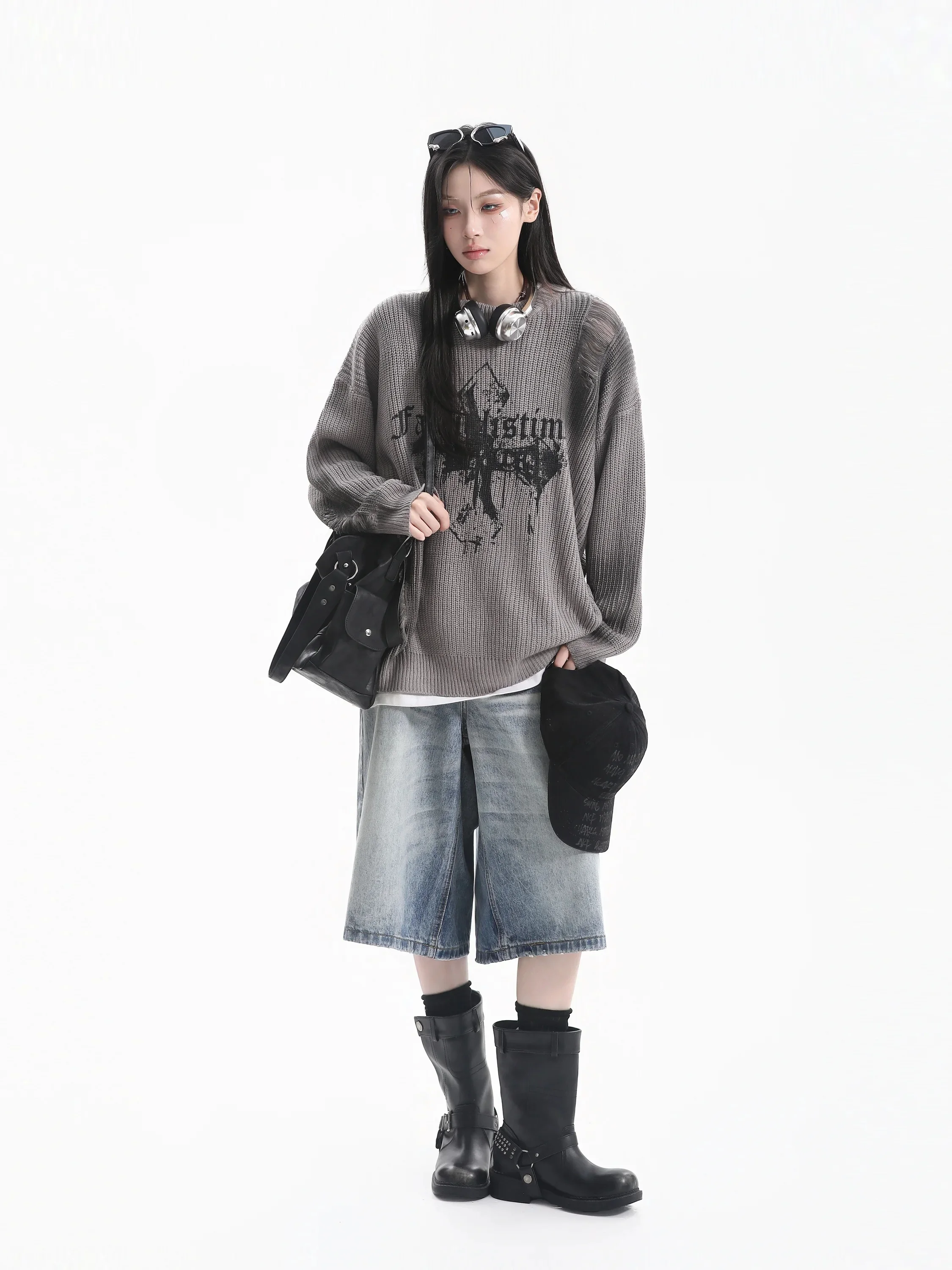 Retro American Gradient Design Knitted Sweater Women's Crossbody Worn-Out Style round Neck Long Sleeve Warm Casual Top